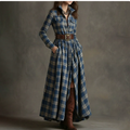European and American women's spring new fashion casual elegant plaid lapel slim fit dress