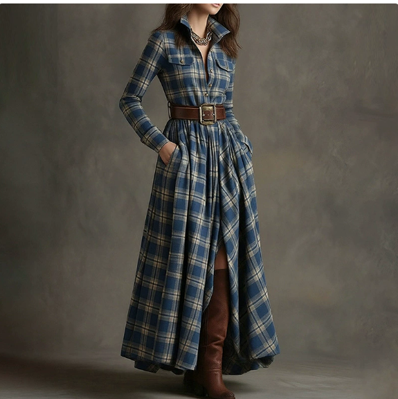 European and American women's spring new fashion casual elegant plaid lapel slim fit dress