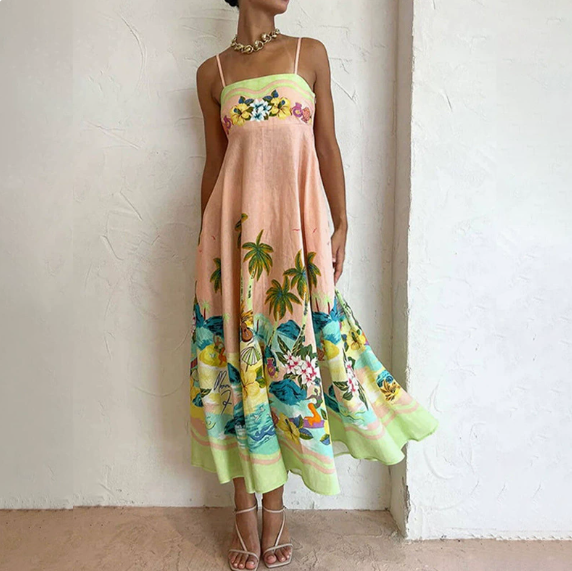 European and American women's spring new graffiti printed vacation style high waisted camisole dress