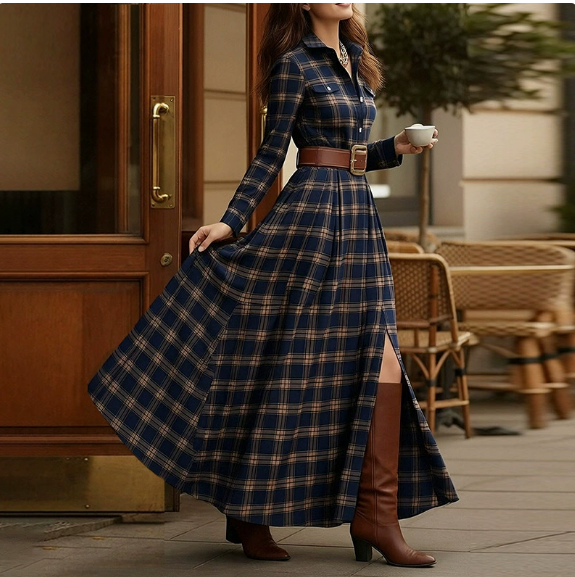 European and American women's spring new fashion casual elegant plaid lapel slim fit dress