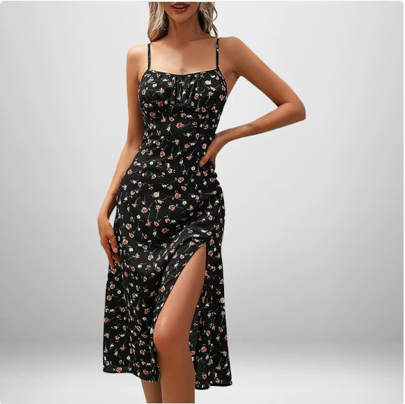 European and American women's spring new style elegant floral pleated slit suspender dress