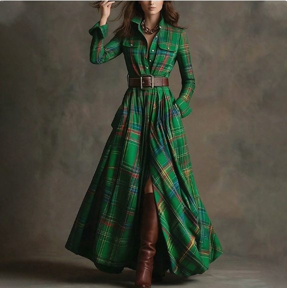 European and American women's spring new fashion casual elegant plaid lapel slim fit dress