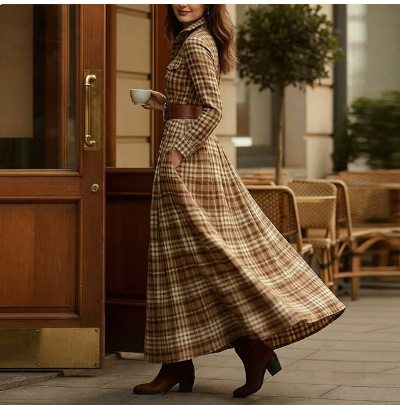 European and American women's spring new fashion casual elegant plaid lapel slim fit dress
