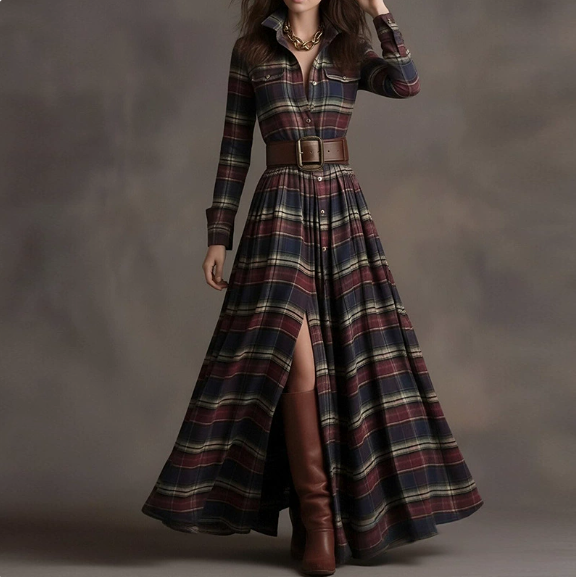 European and American women's spring new fashion casual elegant plaid lapel slim fit dress