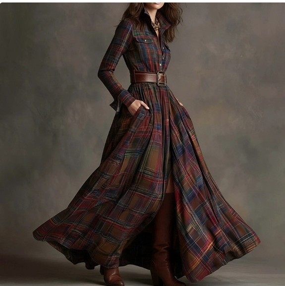European and American women's spring new fashion casual elegant plaid lapel slim fit dress