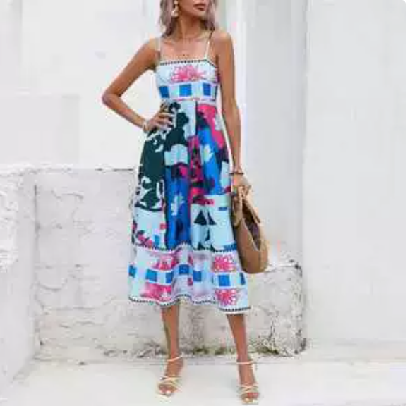 European and American women's spring new graffiti printed vacation style high waisted camisole dress