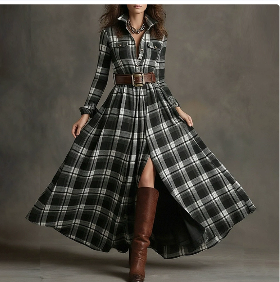 European and American women's spring new fashion casual elegant plaid lapel slim fit dress