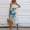 European and American women's spring new graffiti printed vacation style high waisted camisole dress