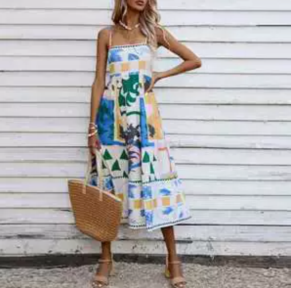 European and American women's spring new graffiti printed vacation style high waisted camisole dress