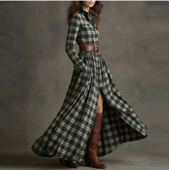 European and American women's spring new fashion casual elegant plaid lapel slim fit dress