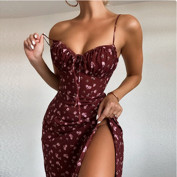 European and American women's spring new style elegant floral pleated slit suspender dress
