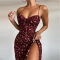 European and American women's spring new style elegant floral pleated slit suspender dress