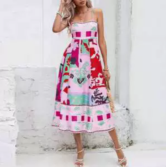 European and American women's spring new graffiti printed vacation style high waisted camisole dress