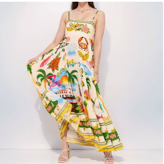 European and American women's spring new graffiti printed vacation style high waisted camisole dress