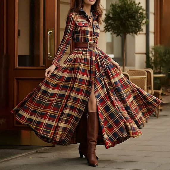 European and American women's spring new fashion casual elegant plaid lapel slim fit dress