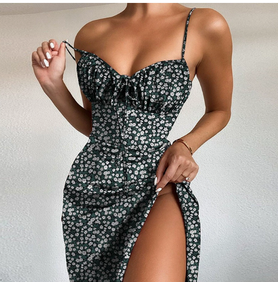 European and American women's spring new style elegant floral pleated slit suspender dress