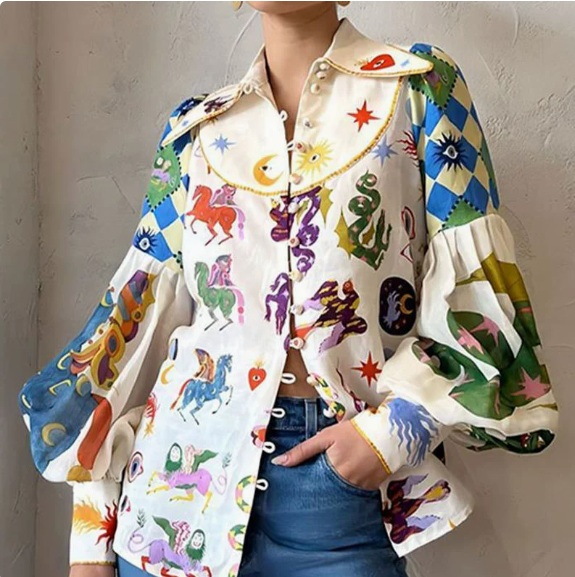 European and American women's spring new graffiti printed lapel lantern sleeves loose slimming long sleeved shirt