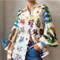 European and American women's spring new graffiti printed lapel lantern sleeves loose slimming long sleeved shirt