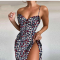 European and American women's spring new style elegant floral pleated slit suspender dress