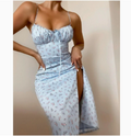 European and American women's spring new style elegant floral pleated slit suspender dress