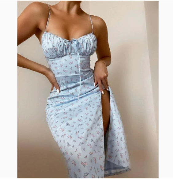 European and American women's spring new style elegant floral pleated slit suspender dress