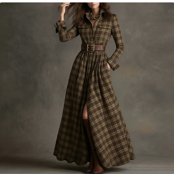 European and American women's spring new fashion casual elegant plaid lapel slim fit dress