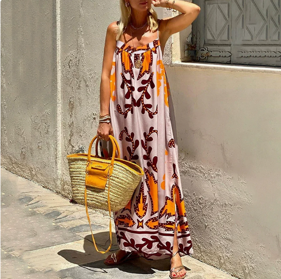 European and American women's spring new graffiti printed vacation style high waisted camisole dress