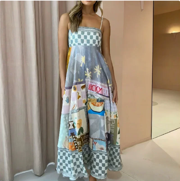 European and American women's spring new graffiti printed vacation style high waisted camisole dress