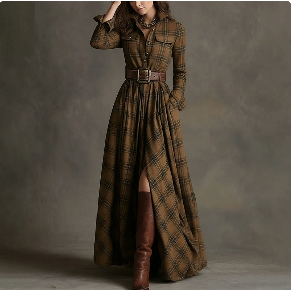 European and American women's spring new fashion casual elegant plaid lapel slim fit dress