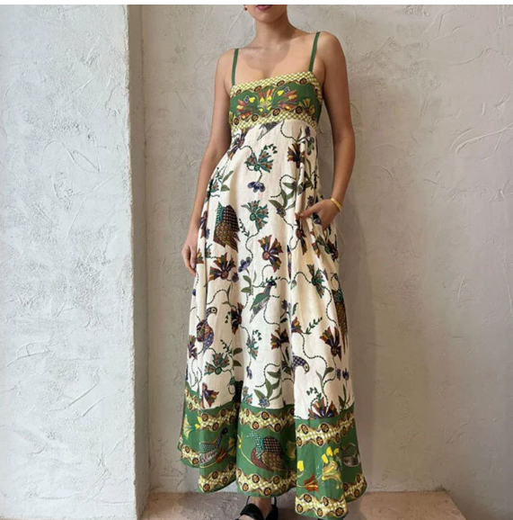European and American women's spring new graffiti printed vacation style high waisted camisole dress