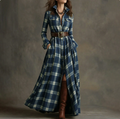 European and American women's spring new fashion casual elegant plaid lapel slim fit dress