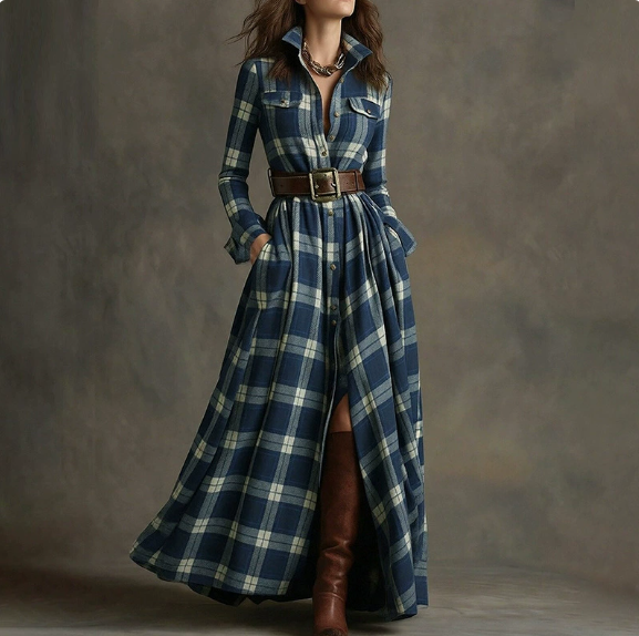 European and American women's spring new fashion casual elegant plaid lapel slim fit dress