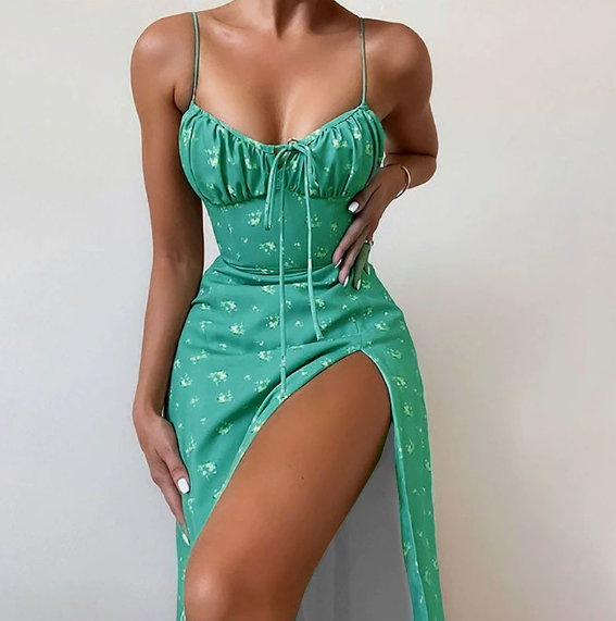 European and American women's spring new style elegant floral pleated slit suspender dress