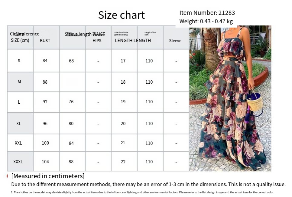 European and American women's spring new vacation style printed camisole top, half body long skirt set