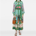 European and American Women's Spring New Graffiti Printed Collar Lantern Sleeve Waist Dress