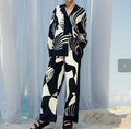 European and American Women's Spring New Personalized Graffiti Casual Collar Shirt Long Sleeve Fashion Set