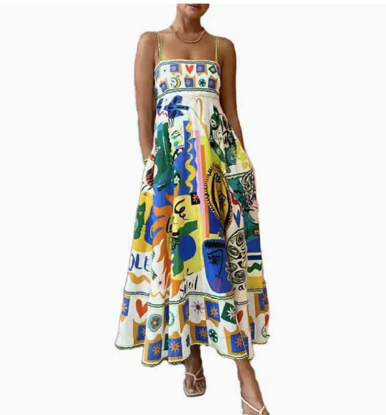 European and American women's spring new graffiti printed vacation style high waisted camisole dress