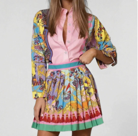 European and American women's spring new printed long sleeved shirt pleated skirt set two-piece set