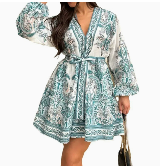 European and American women's spring new retro style printed lantern sleeve V-neck lace up dress