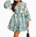 European and American women's spring new retro style printed lantern sleeve V-neck lace up dress