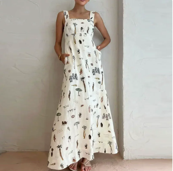 European and American women's spring new sleeveless lace up suspender sexy printed large swing dress