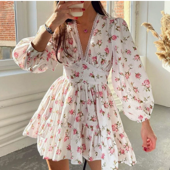 European and American women's spring new sweet print V-neck lace short long sleeved dress