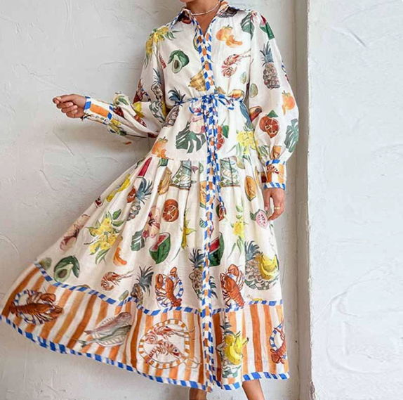 European and American women's spring new style lantern sleeve printed lapel, waist cinching and swinging dress