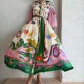 European and American women's spring new style lantern sleeve printed lapel, waist cinching and swinging dress