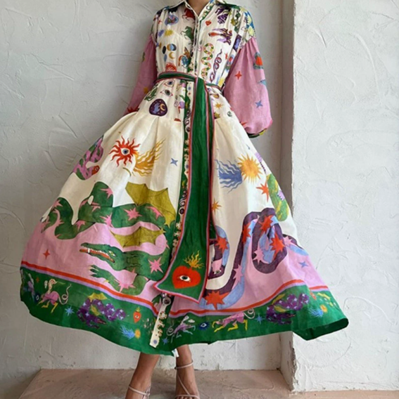 European and American women's spring new style lantern sleeve printed lapel, waist cinching and swinging dress