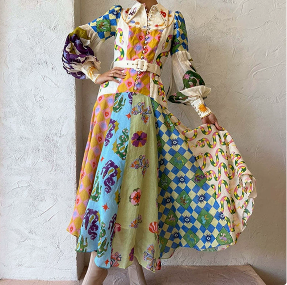 European and American women's spring new style lantern sleeve printed lapel, waist cinching and swinging dress