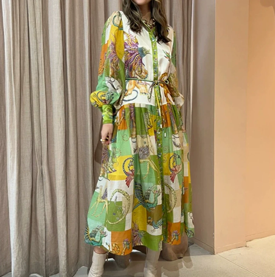 European and American women's spring new style lantern sleeve printed lapel, waist cinching and swinging dress