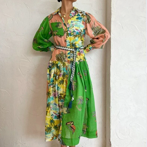 European and American women's spring new style lantern sleeve printed lapel, waist cinching and swinging dress