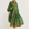 European and American women's spring new style lantern sleeve printed lapel, waist cinching and swinging dress