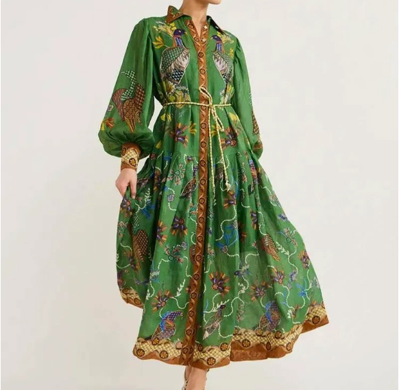 European and American women's spring new style lantern sleeve printed lapel, waist cinching and swinging dress